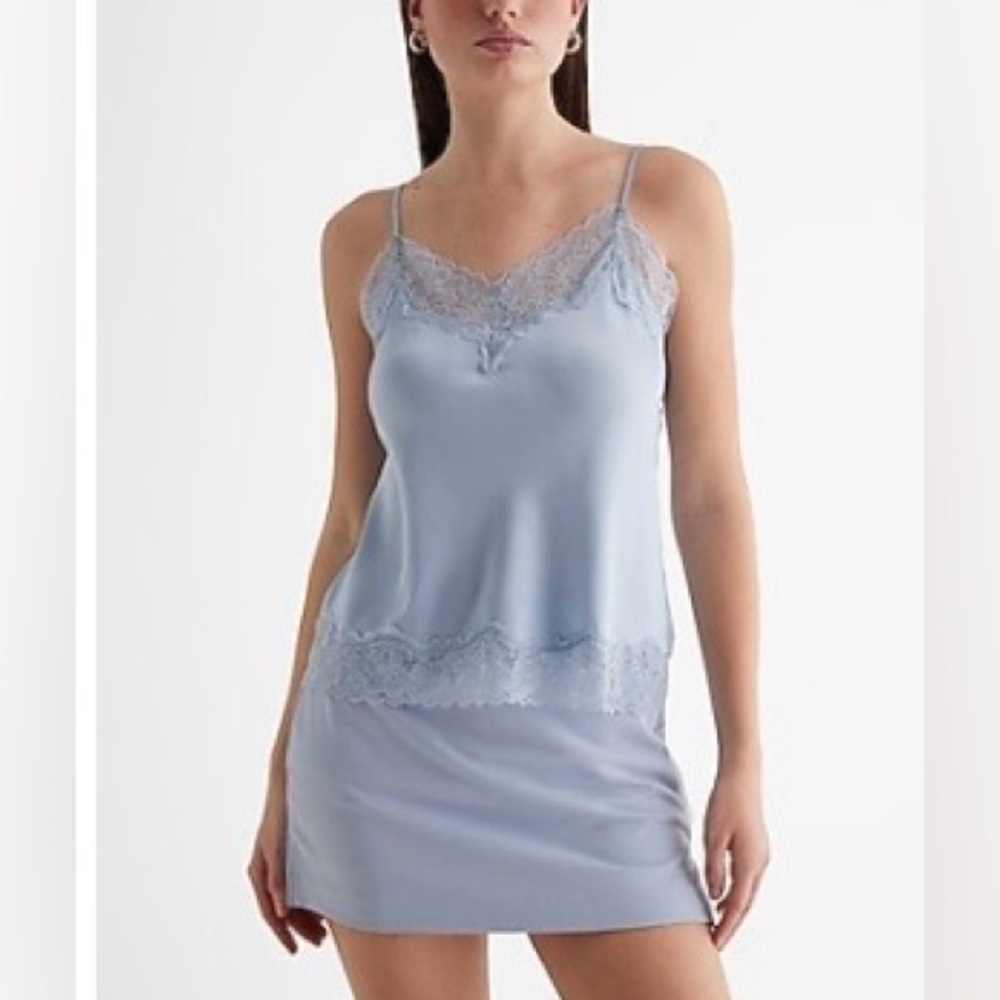 Express Satin Lace Trim V-Neck Downtown Cami in Ice Blue